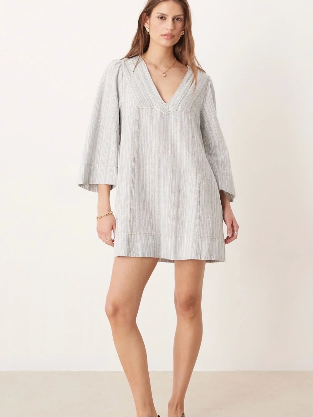 Free People Linen Blend Striped Tunic Dress Blue White Size M NWT
